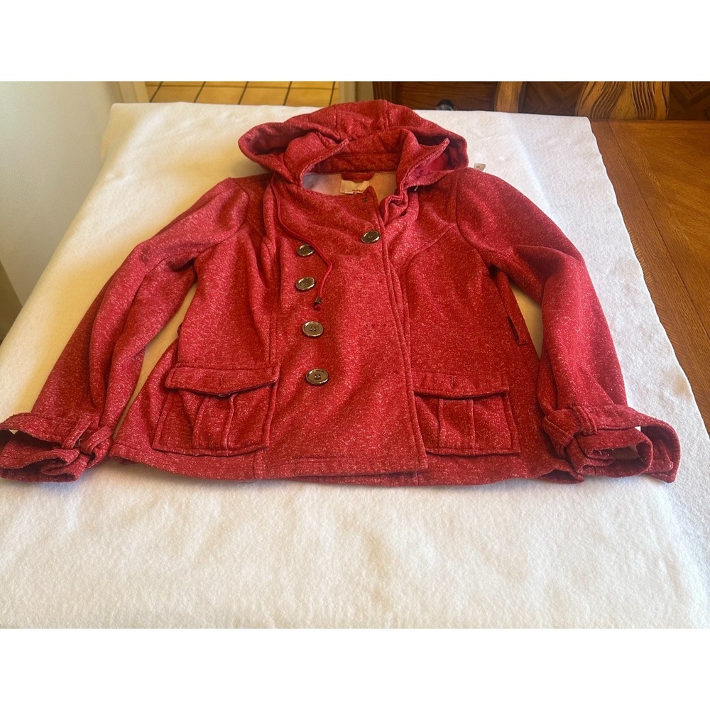 Bongo Jacket Womens Large L Red Hooded Double Breasted Pea Coat Polyester Button